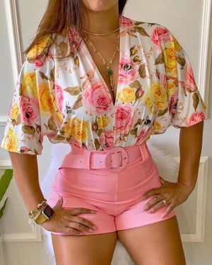 Floral Print Half Sleeve Top & Shorts Set