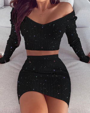 Off Shoulder Crop Top & Skirt Set