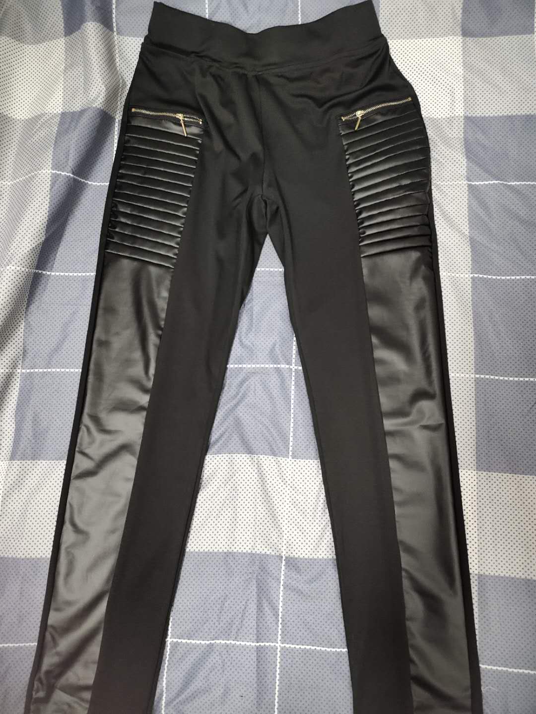PU Leather Contrast Zipper Design High Waist Skinny Pants