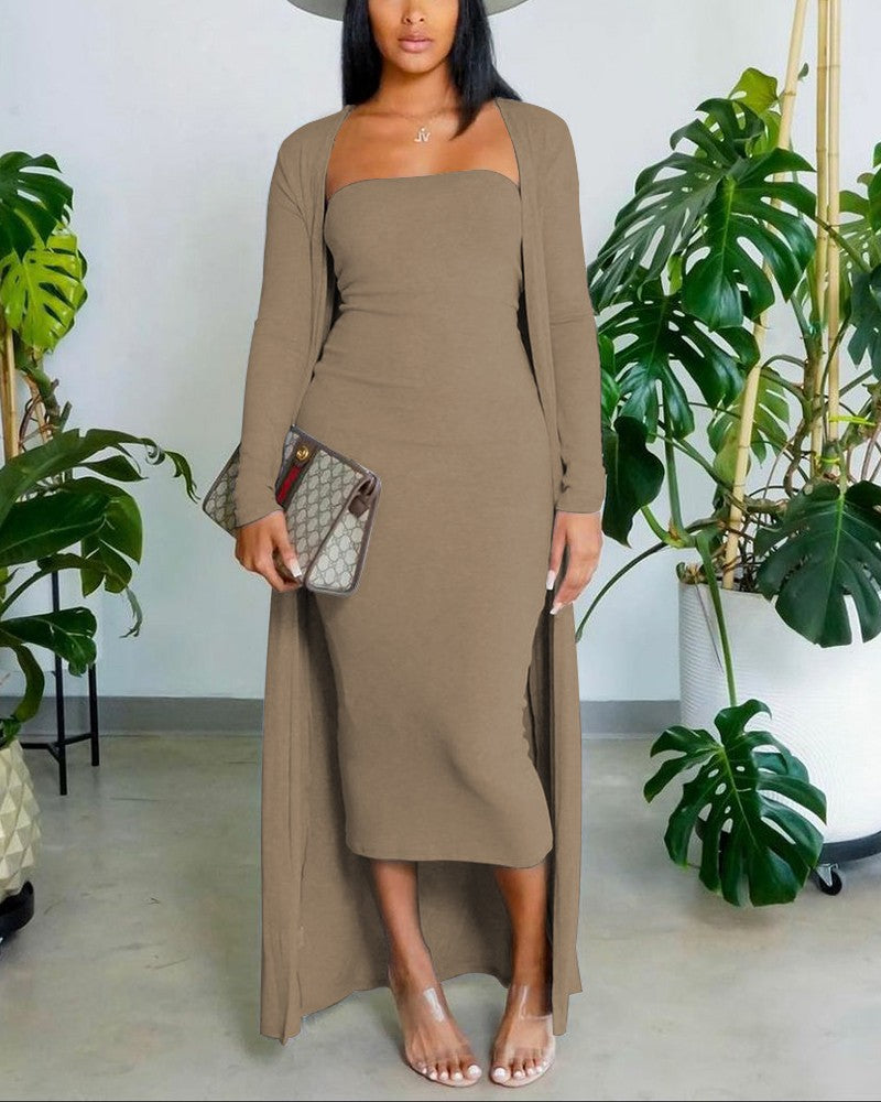 Skinny Tube Dress With Longline Cardigan Set Kitsha's Boutique Skinny Tube Dress With Longline Cardigan Set Kitsha's Boutique